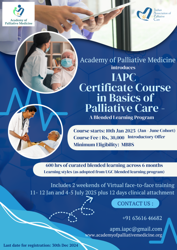 IAPC’s Certificate Course in Basics of Palliative Care – A blended learning program – starts 10 January 2025